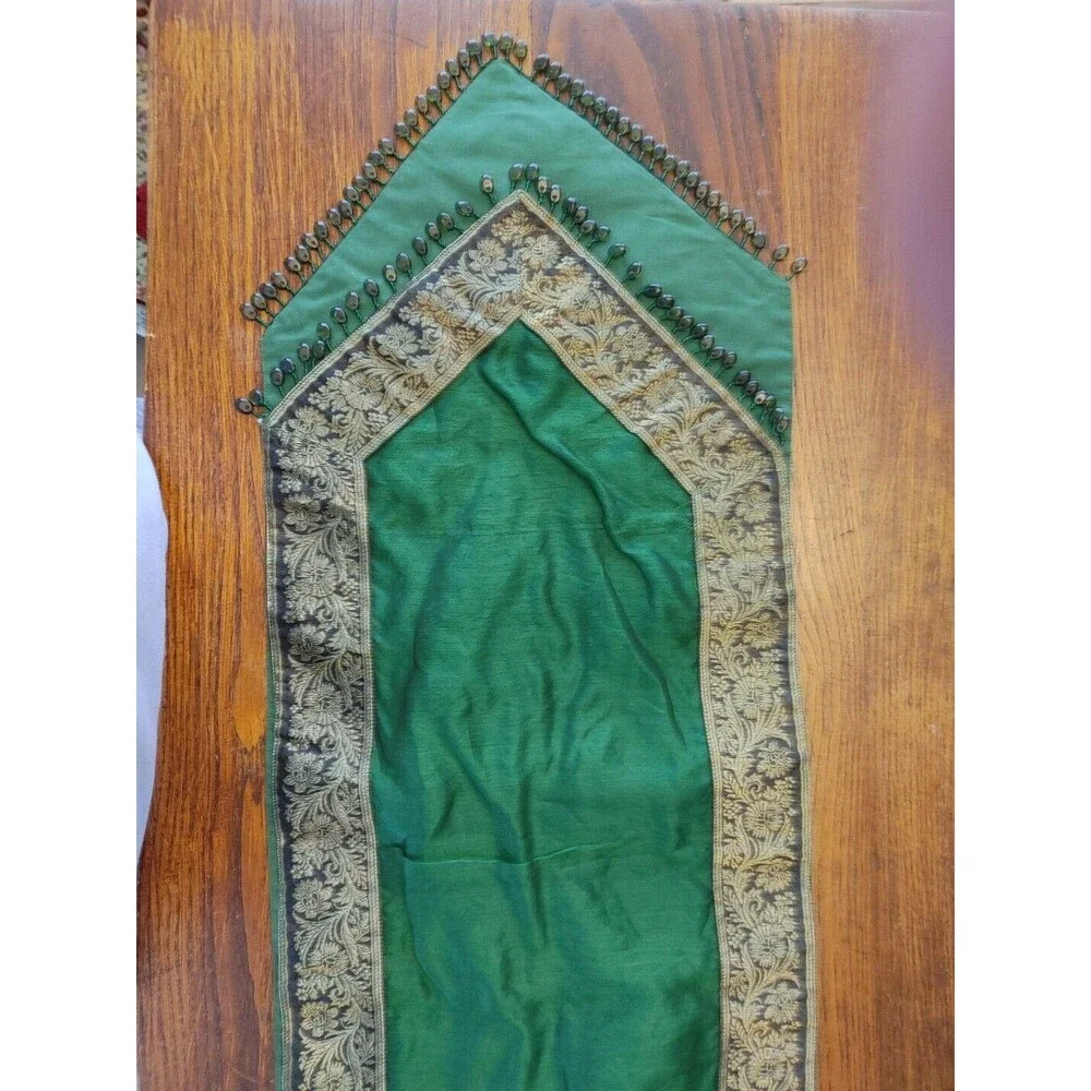 CPK Brand Cotton & Silk Blend Table Runner Green/Gold & Glass Beads 70x14